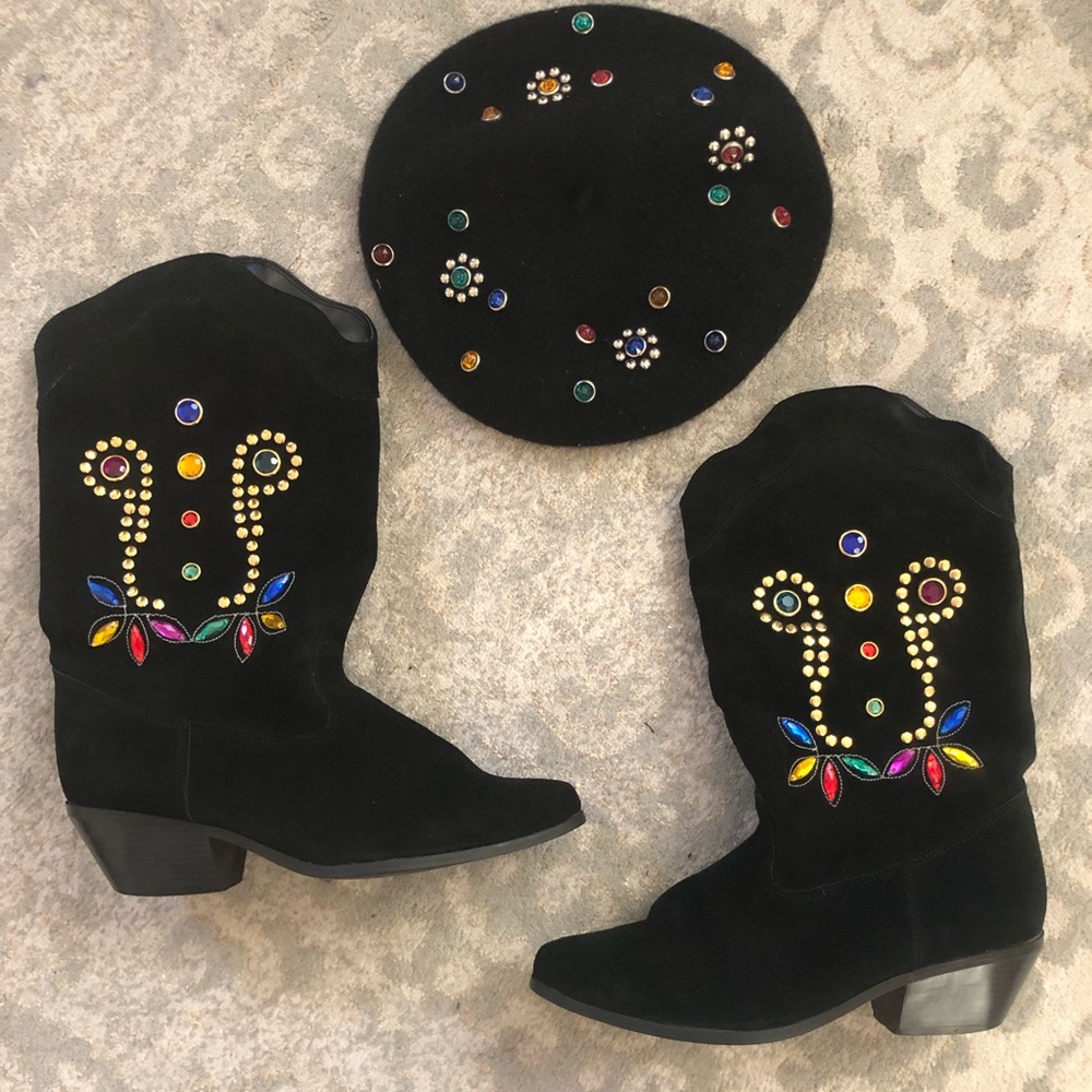 Vintage leather cowboy boots with matching hat